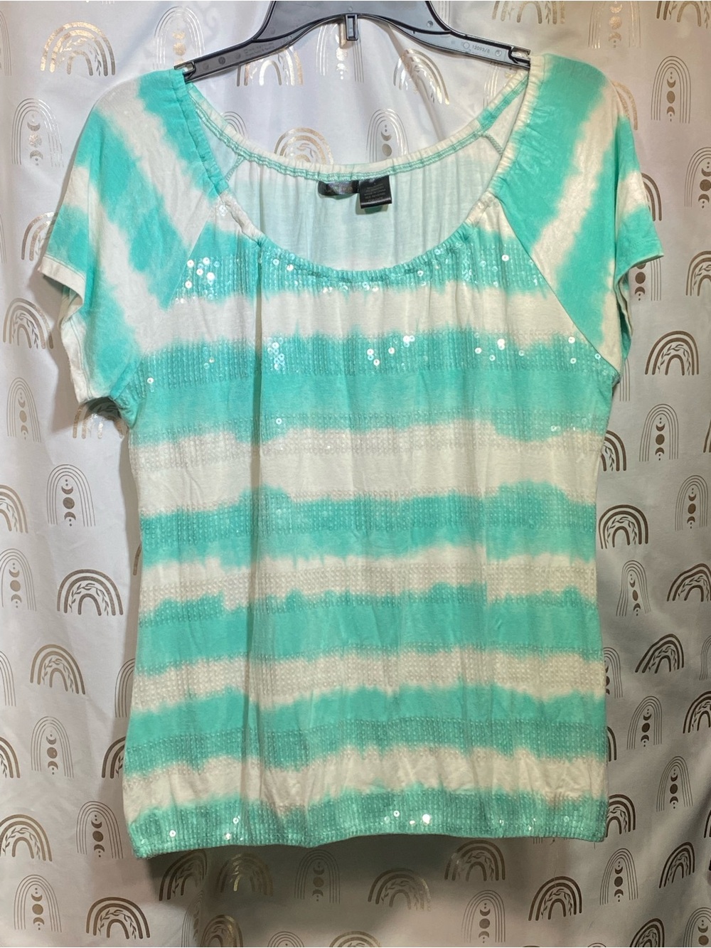 Short Sleeve Mint Green & White Striped Sequin Scoop Neck Top